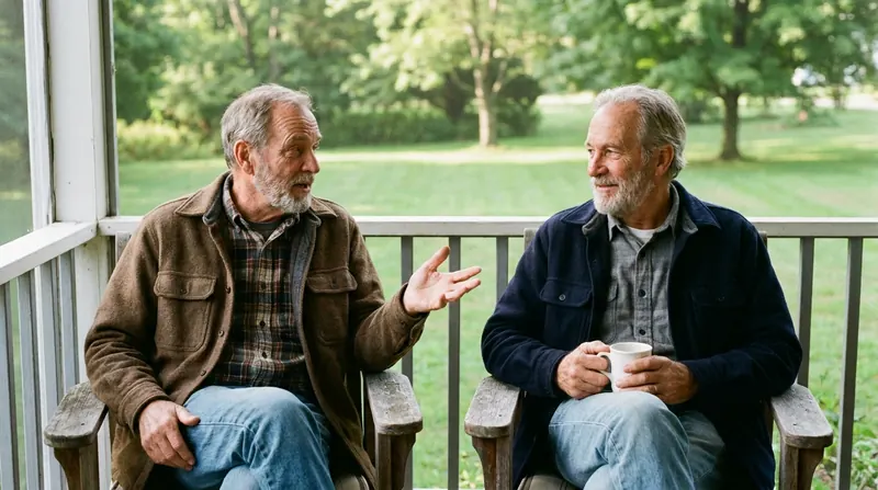 Two men in their late sixties talking on a front porch with mugs of coffee in the morning