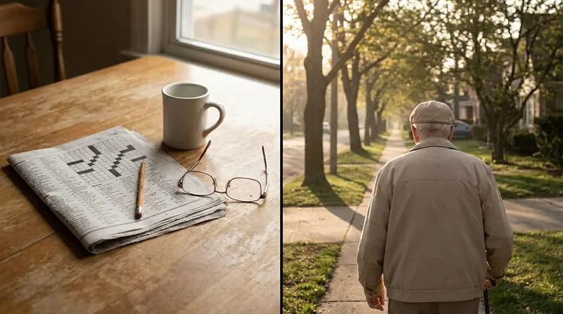 Split image of a crossword with a pencil and reading glasses on a table, and a man in his sixties on a morning walk