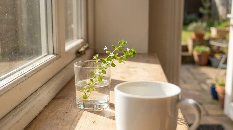 A sprig of bacopa with small round leaves and white flowers in a glass of water on a kitchen windowsill