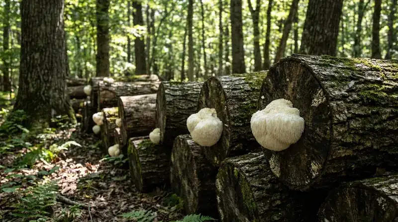 Stacked hardwood logs in a shaded forest clearing with white lion's mane mushrooms growing from the bark