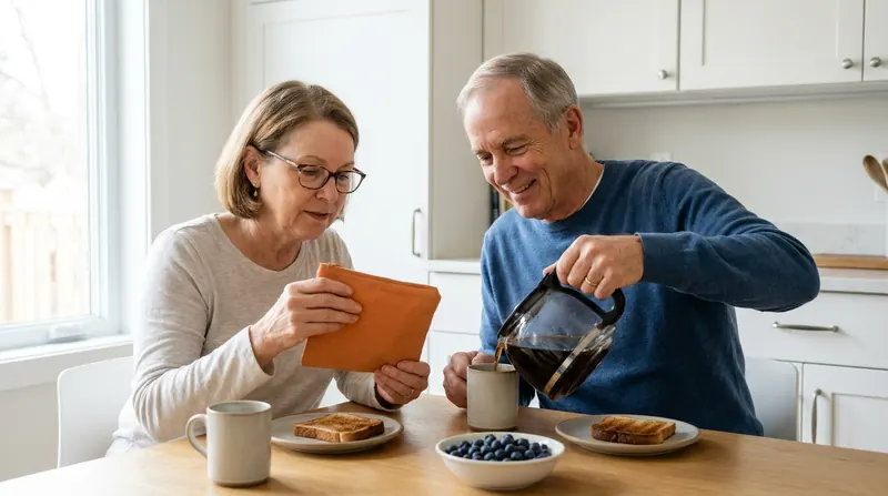 An older couple at a kitchen table, the wife reading the back of a small pouch while her husband pours coffee