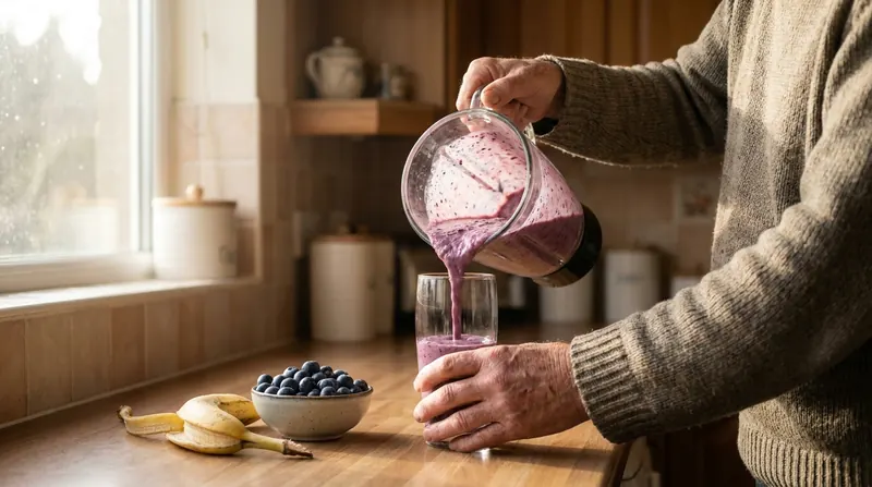 A man's hands pouring a blueberry smoothie from a blender into a glass on a kitchen counter
