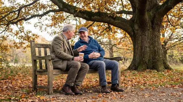 Two men in their late sixties talking and laughing on a park bench on a fall morning, one holding a paper cup of coffee