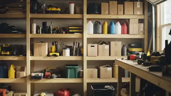 A man in his sixties pausing in front of garage shelves, then taking down a tape measure