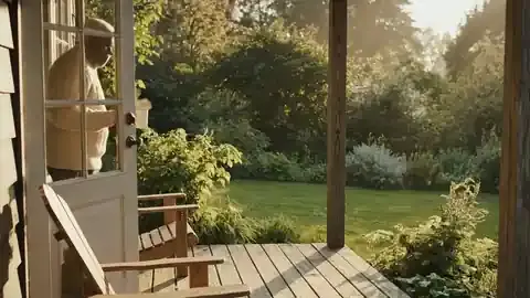 A man in his late sixties stepping onto a back porch with a mug of coffee and sitting down in a wooden chair