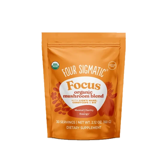 The orange resealable pouch of Four Sigmatic Focus Mushroom Blend, from the seller's photograph